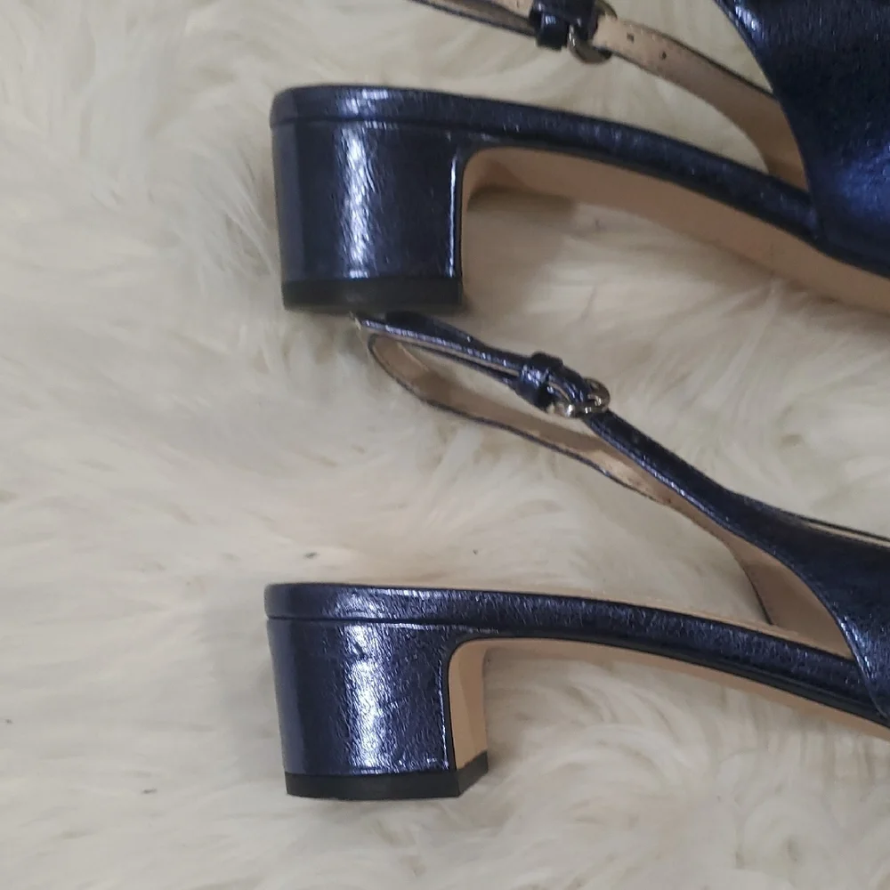 Zara Women's Shiny Blue Slingback Heels - Picture 6 of 12